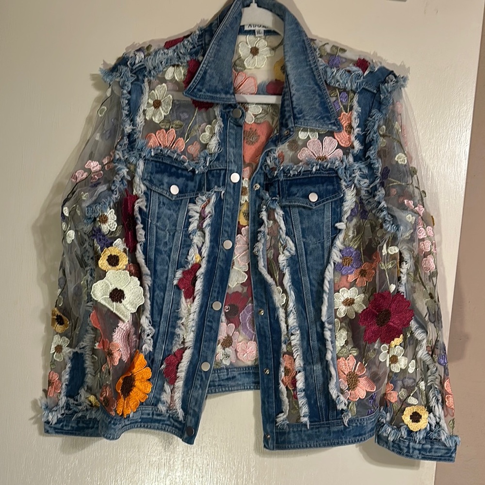 Adore Blue Denim Jacket with Floral Embroidery